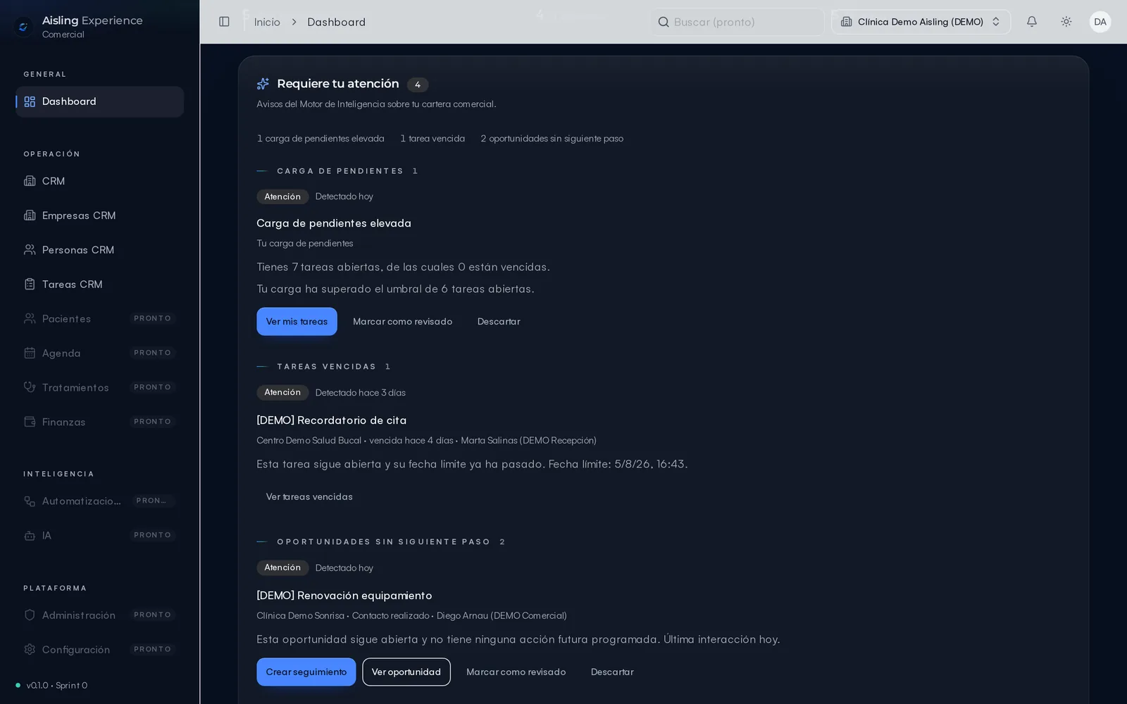 Panel «Requiere tu atención» con los avisos agrupados por tipo y ordenados por prioridad.